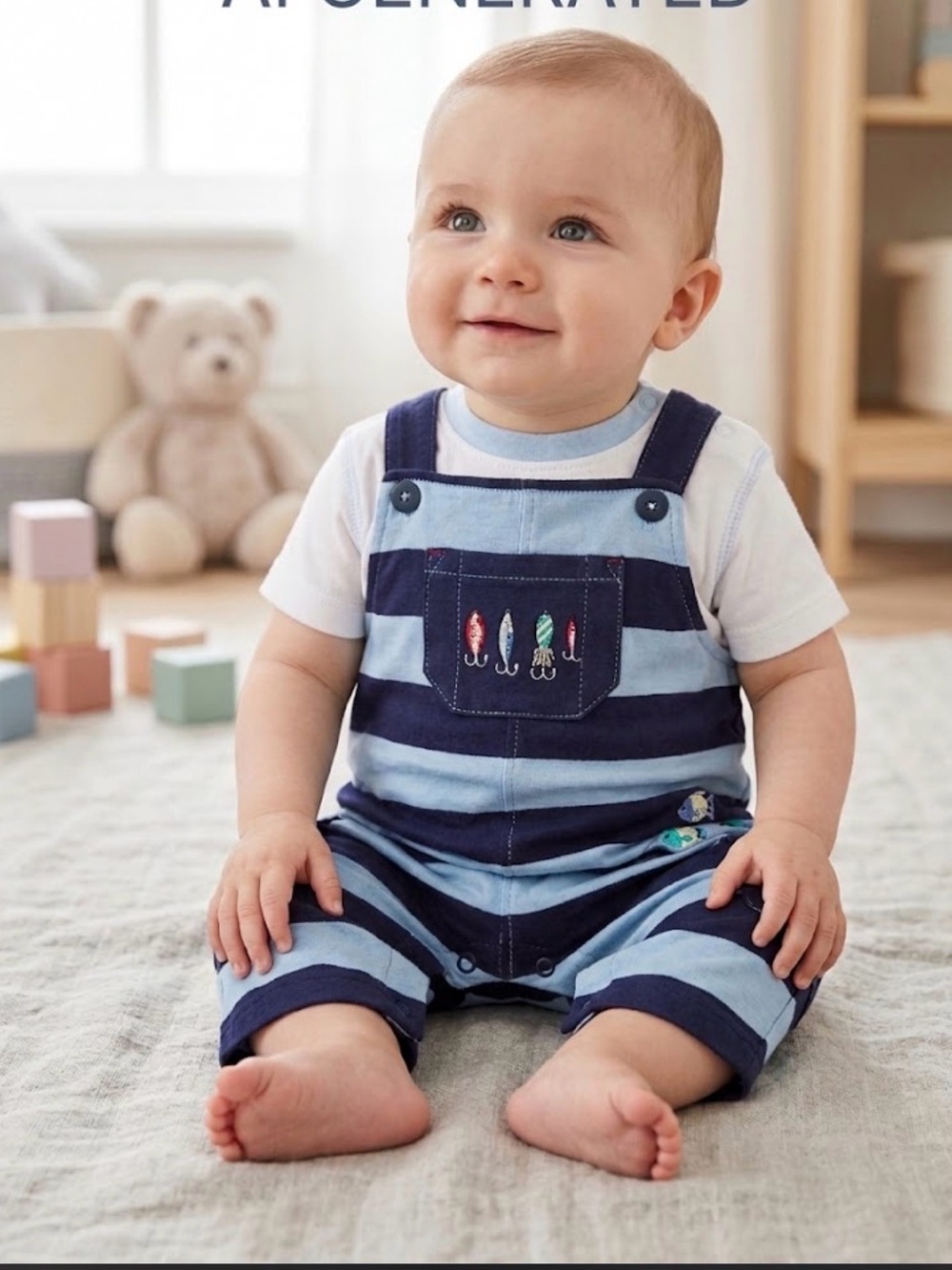Little Me Embroidered Striped Navy & Blue Baby Overall Romper Set-NWOT Size 6-9M